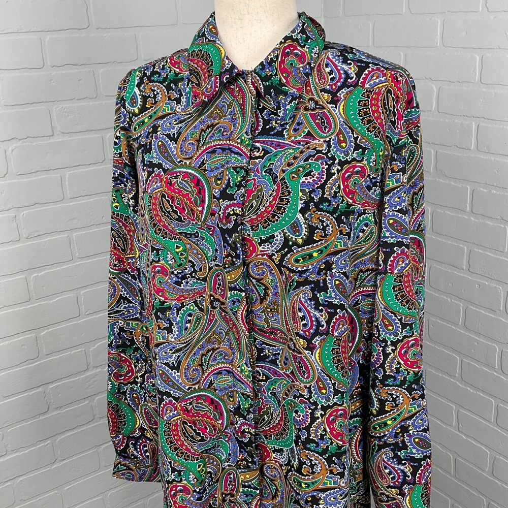 Koret‎ Blouse Women 14 Black Multicolor Paisley Liquid Statement Career 80s VTG